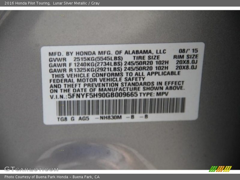 Lunar Silver Metallic / Gray 2016 Honda Pilot Touring