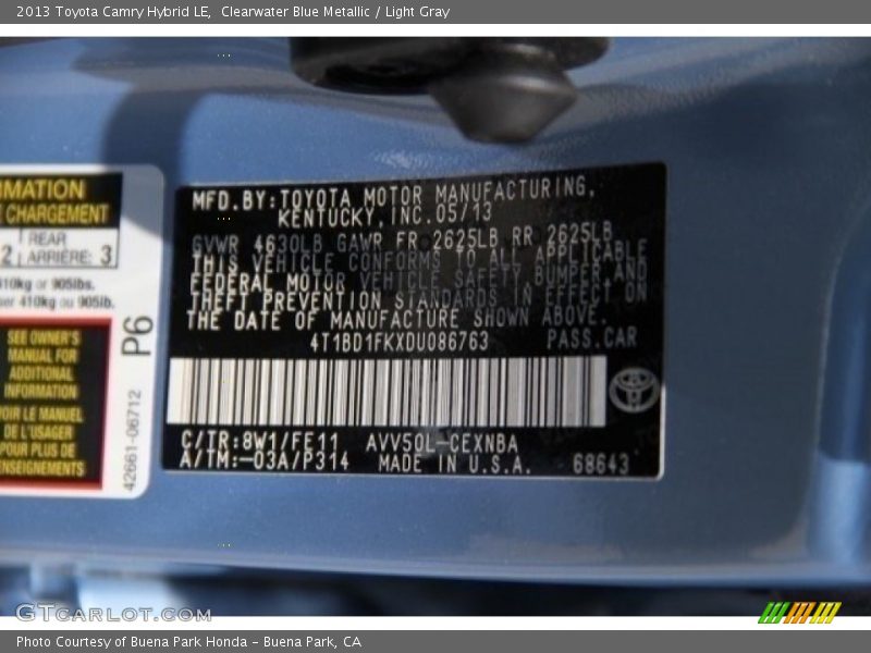 Clearwater Blue Metallic / Light Gray 2013 Toyota Camry Hybrid LE