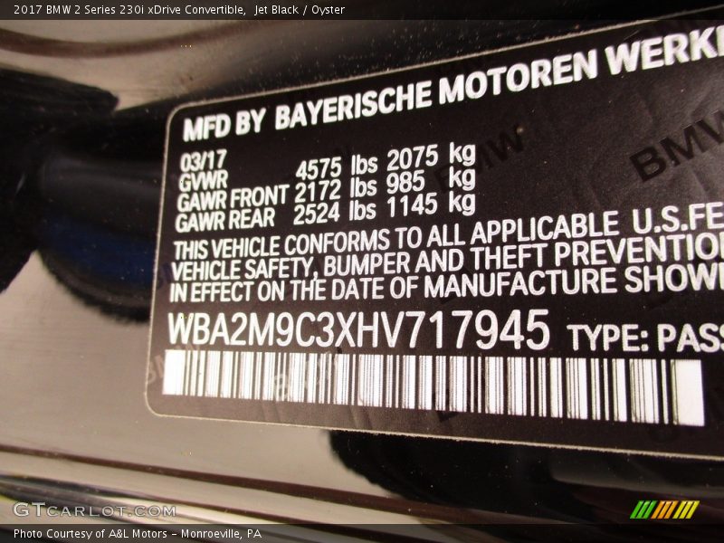 Jet Black / Oyster 2017 BMW 2 Series 230i xDrive Convertible