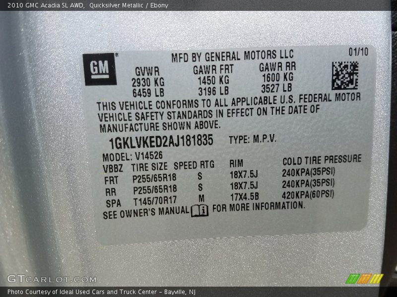 Quicksilver Metallic / Ebony 2010 GMC Acadia SL AWD