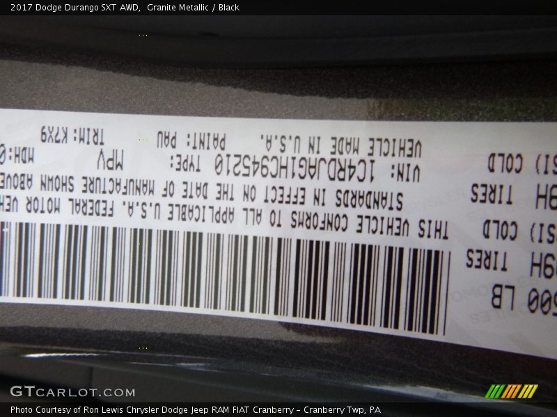 Granite Metallic / Black 2017 Dodge Durango SXT AWD