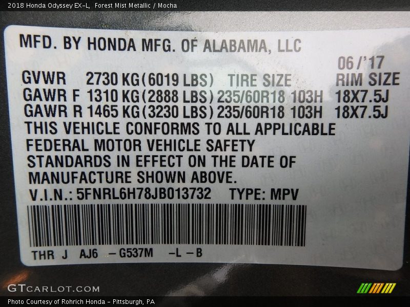 Forest Mist Metallic / Mocha 2018 Honda Odyssey EX-L