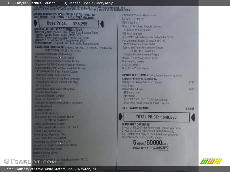 Molten Silver / Black/Alloy 2017 Chrysler Pacifica Touring L Plus
