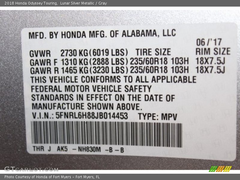 Lunar Silver Metallic / Gray 2018 Honda Odyssey Touring