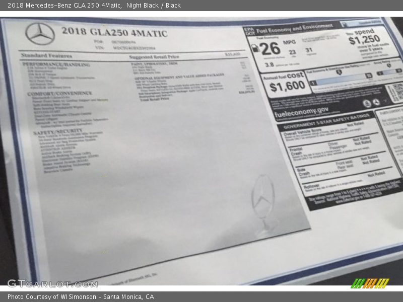  2018 GLA 250 4Matic Window Sticker