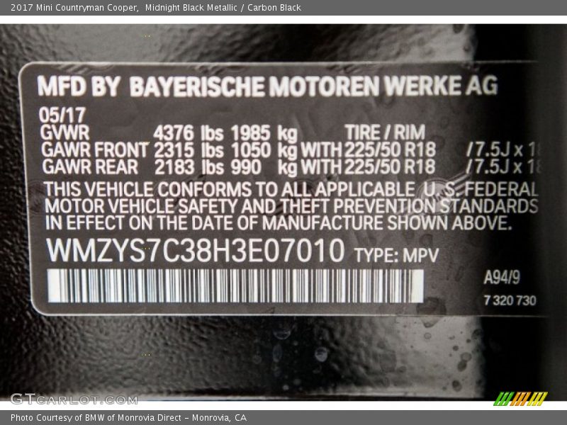 Midnight Black Metallic / Carbon Black 2017 Mini Countryman Cooper