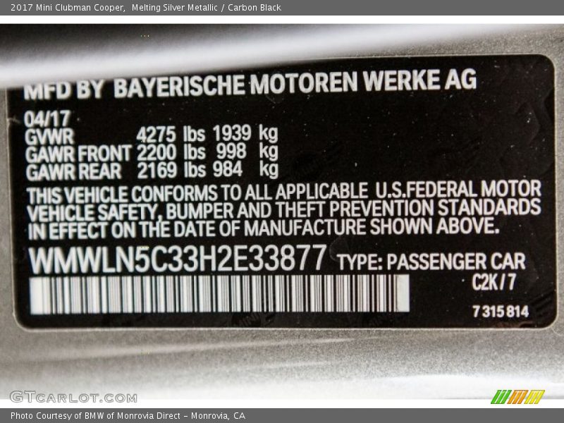 Melting Silver Metallic / Carbon Black 2017 Mini Clubman Cooper