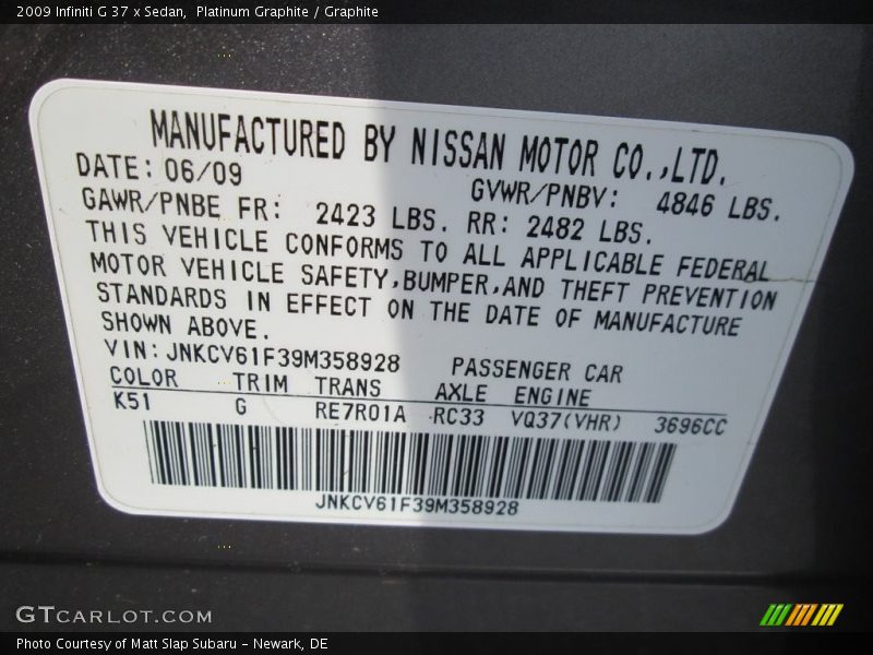Platinum Graphite / Graphite 2009 Infiniti G 37 x Sedan