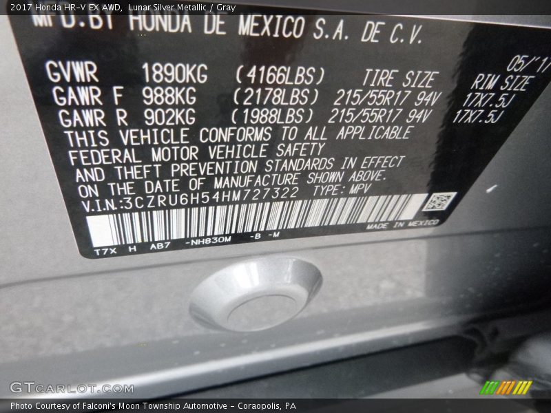 Lunar Silver Metallic / Gray 2017 Honda HR-V EX AWD