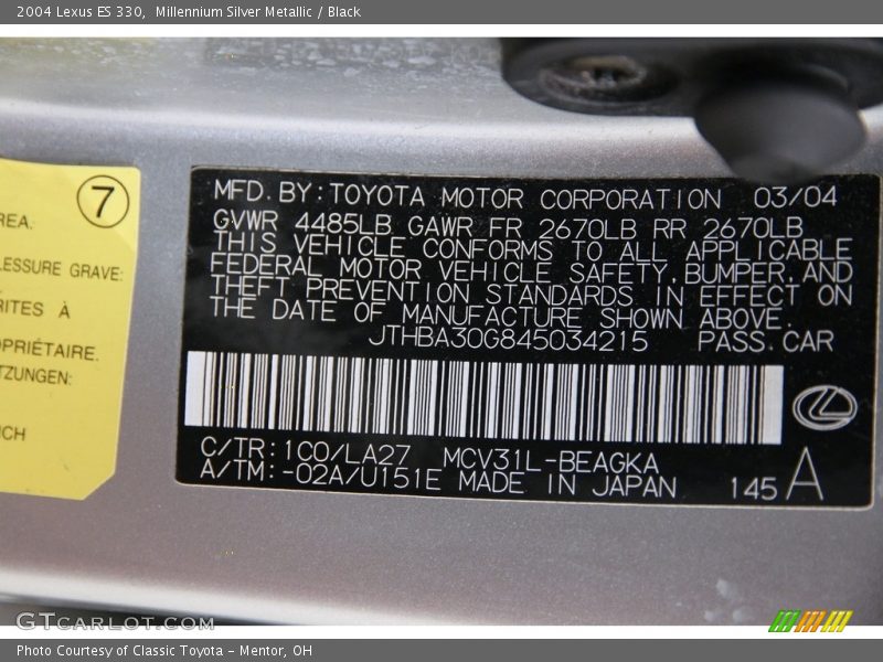 Millennium Silver Metallic / Black 2004 Lexus ES 330