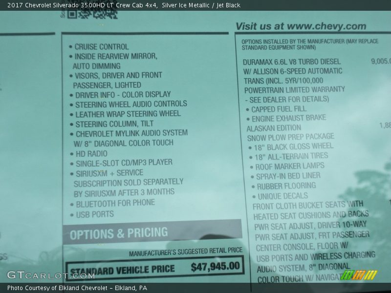 Silver Ice Metallic / Jet Black 2017 Chevrolet Silverado 3500HD LT Crew Cab 4x4