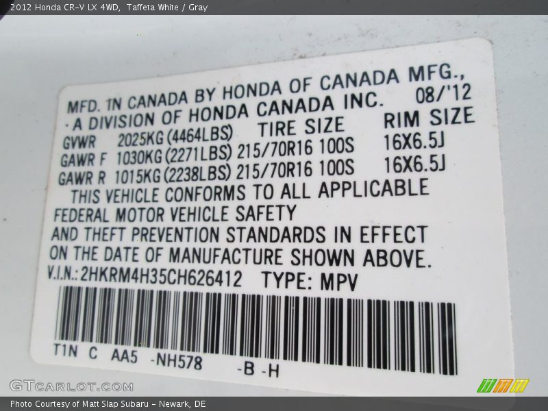 Taffeta White / Gray 2012 Honda CR-V LX 4WD