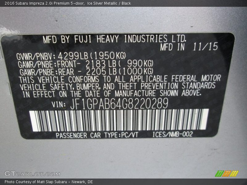 Ice Silver Metallic / Black 2016 Subaru Impreza 2.0i Premium 5-door