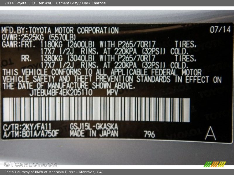 Cement Gray / Dark Charcoal 2014 Toyota FJ Cruiser 4WD