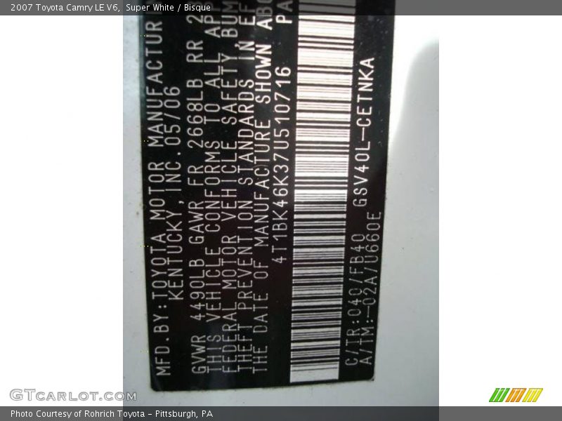 Super White / Bisque 2007 Toyota Camry LE V6