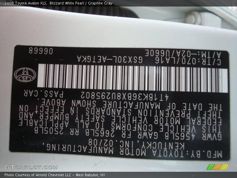 Blizzard White Pearl / Graphite Gray 2008 Toyota Avalon XLS