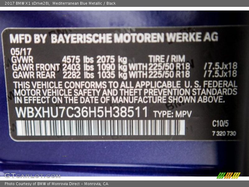 Mediterranean Blue Metallic / Black 2017 BMW X1 sDrive28i