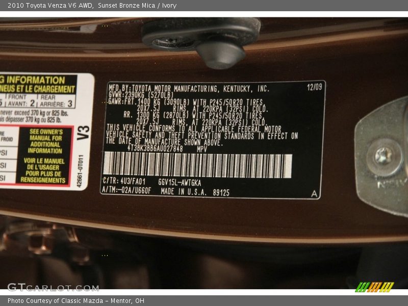 Sunset Bronze Mica / Ivory 2010 Toyota Venza V6 AWD