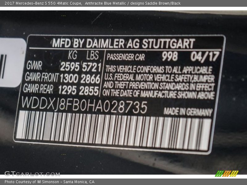 2017 S 550 4Matic Coupe Anthracite Blue Metallic Color Code 998
