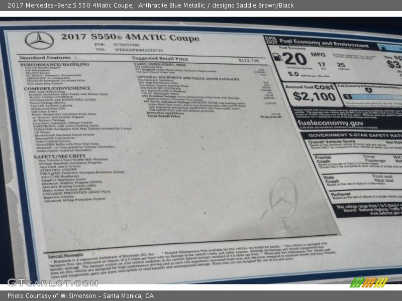 2017 S 550 4Matic Coupe Window Sticker