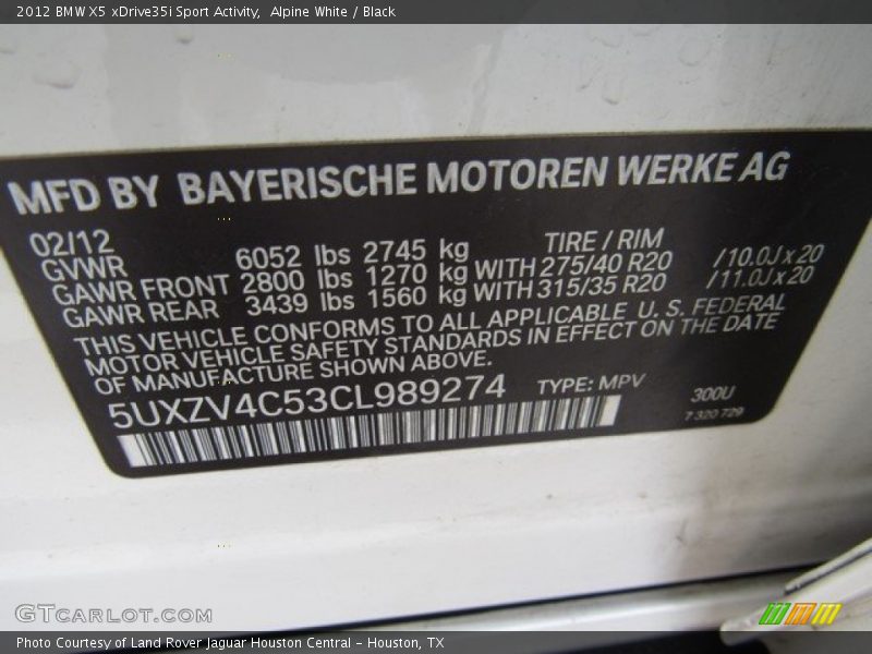 Alpine White / Black 2012 BMW X5 xDrive35i Sport Activity