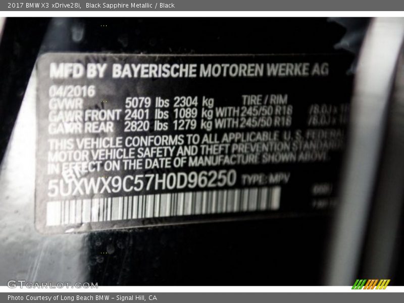 Black Sapphire Metallic / Black 2017 BMW X3 xDrive28i