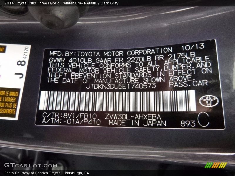 Winter Gray Metallic / Dark Gray 2014 Toyota Prius Three Hybrid