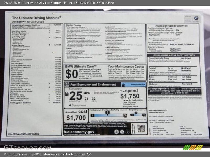 Mineral Grey Metallic / Coral Red 2018 BMW 4 Series 440i Gran Coupe
