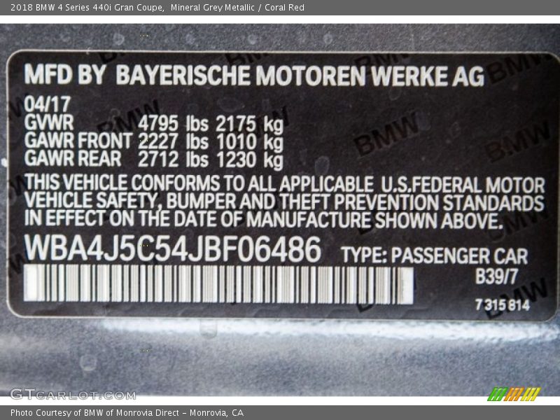 2018 4 Series 440i Gran Coupe Mineral Grey Metallic Color Code B39