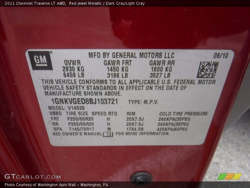 Red Jewel Metallic / Dark Gray/Light Gray 2011 Chevrolet Traverse LT AWD