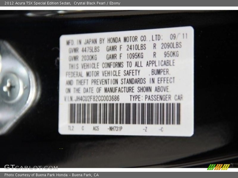Crystal Black Pearl / Ebony 2012 Acura TSX Special Edition Sedan