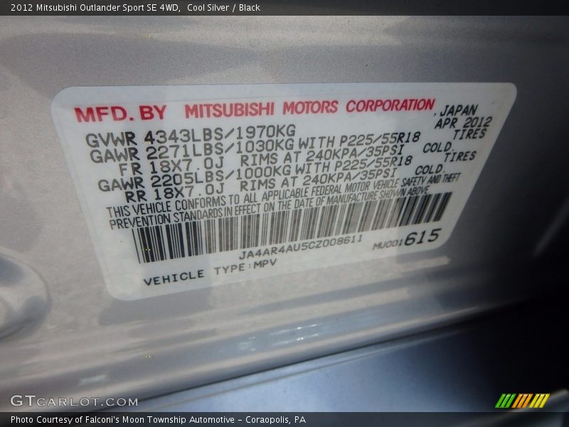 Cool Silver / Black 2012 Mitsubishi Outlander Sport SE 4WD