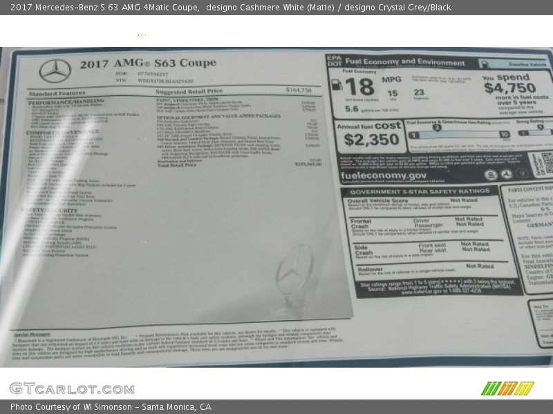  2017 S 63 AMG 4Matic Coupe Window Sticker