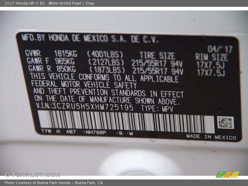 White Orchid Pearl / Gray 2017 Honda HR-V EX