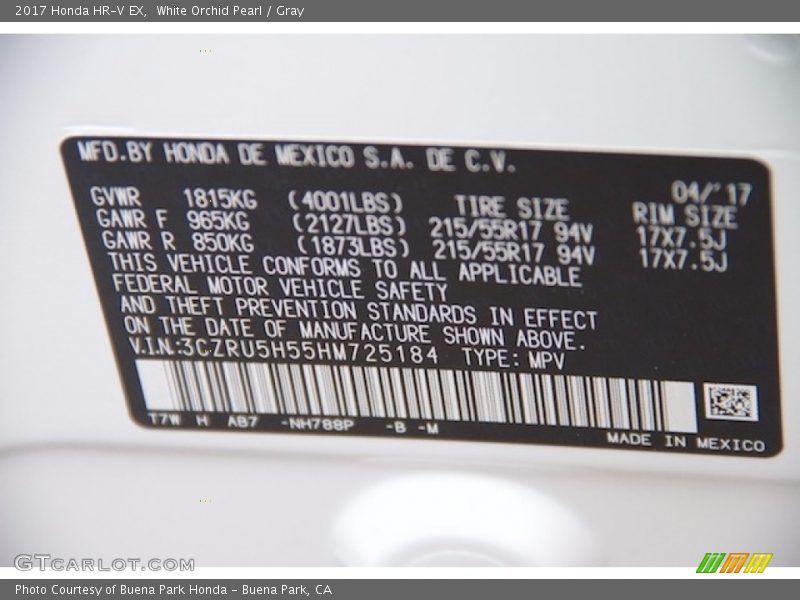 White Orchid Pearl / Gray 2017 Honda HR-V EX