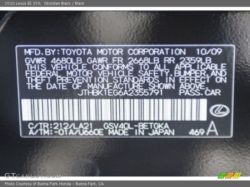 Obsidian Black / Black 2010 Lexus ES 350