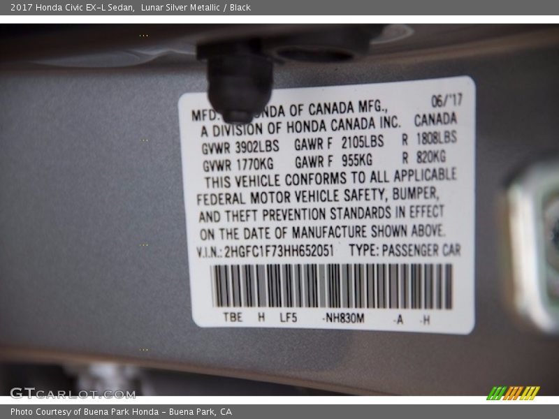 Lunar Silver Metallic / Black 2017 Honda Civic EX-L Sedan