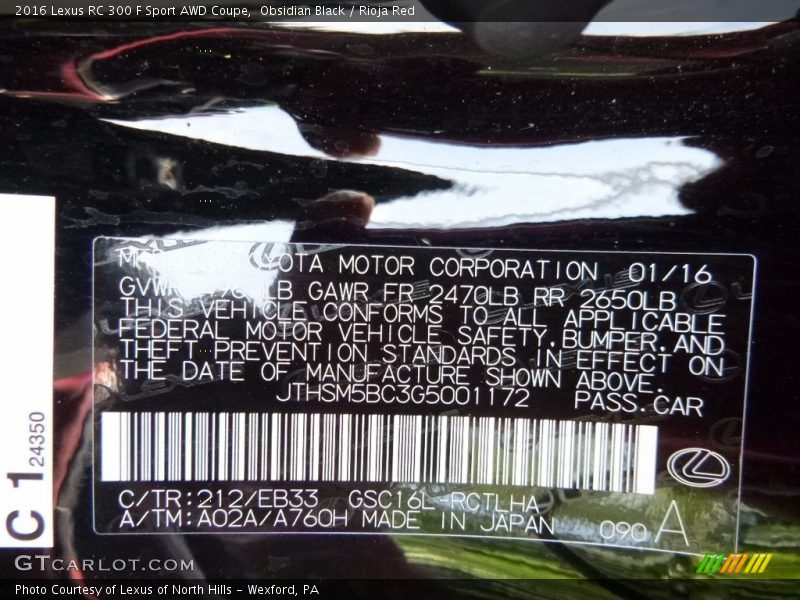 2016 RC 300 F Sport AWD Coupe Obsidian Black Color Code 212