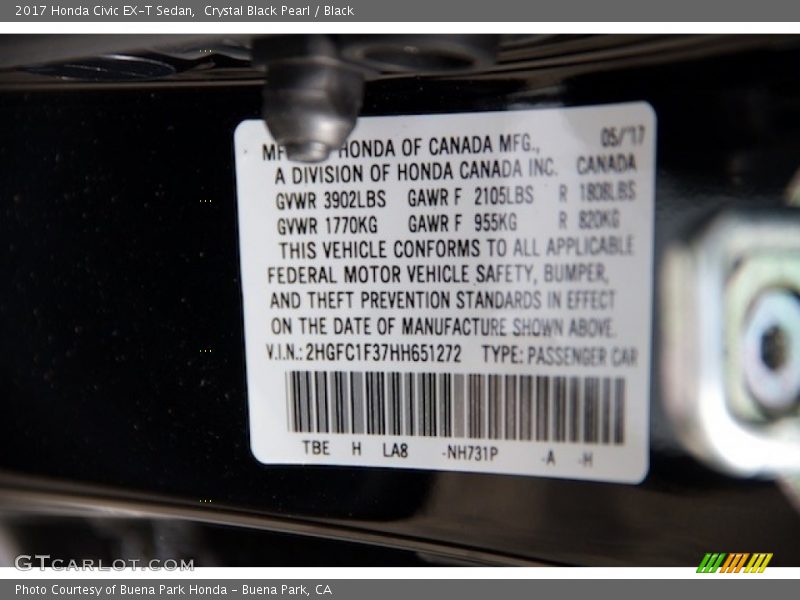 Crystal Black Pearl / Black 2017 Honda Civic EX-T Sedan