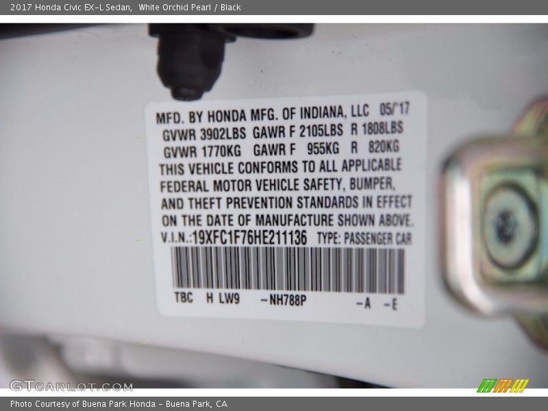 White Orchid Pearl / Black 2017 Honda Civic EX-L Sedan