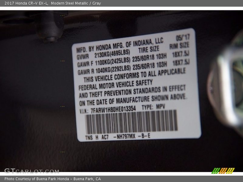 Modern Steel Metallic / Gray 2017 Honda CR-V EX-L