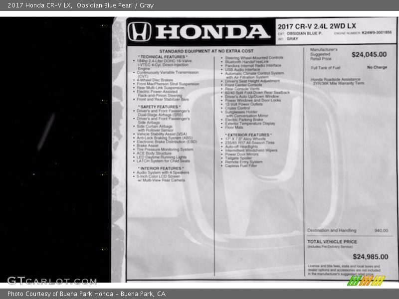 Obsidian Blue Pearl / Gray 2017 Honda CR-V LX