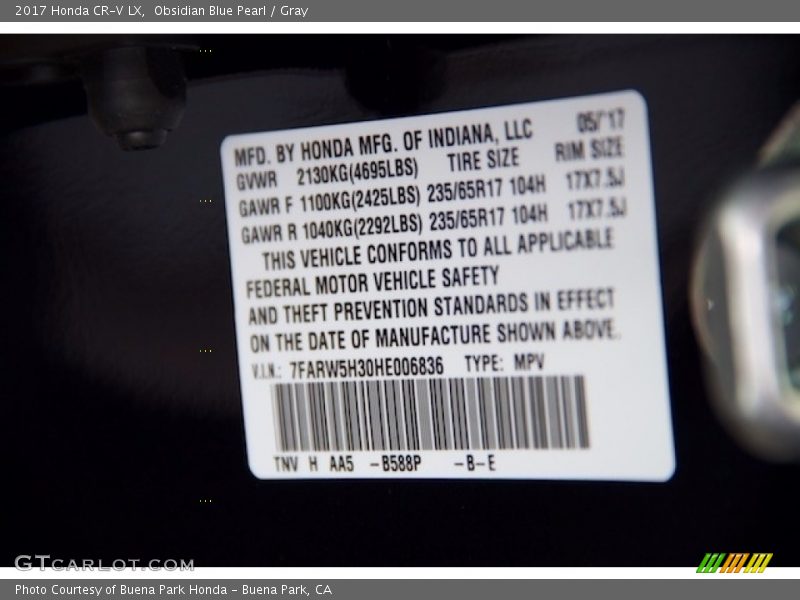 Obsidian Blue Pearl / Gray 2017 Honda CR-V LX