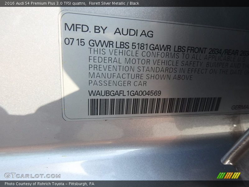 Florett Silver Metallic / Black 2016 Audi S4 Premium Plus 3.0 TFSI quattro