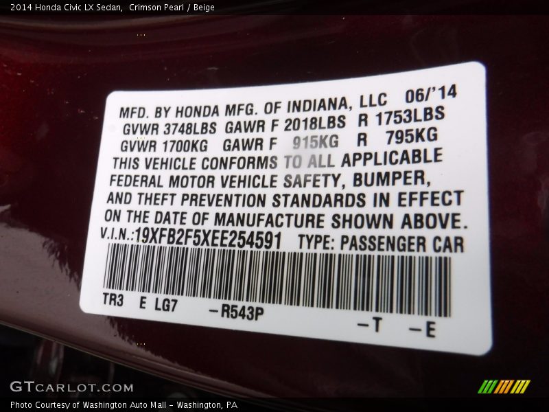 Crimson Pearl / Beige 2014 Honda Civic LX Sedan