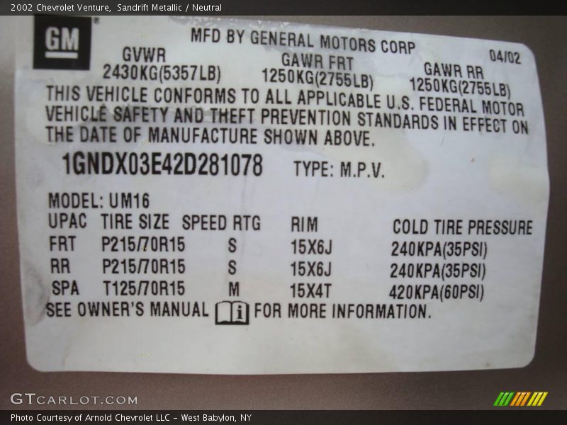 Sandrift Metallic / Neutral 2002 Chevrolet Venture