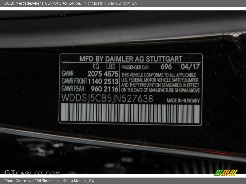 2018 CLA AMG 45 Coupe Night Black Color Code 696