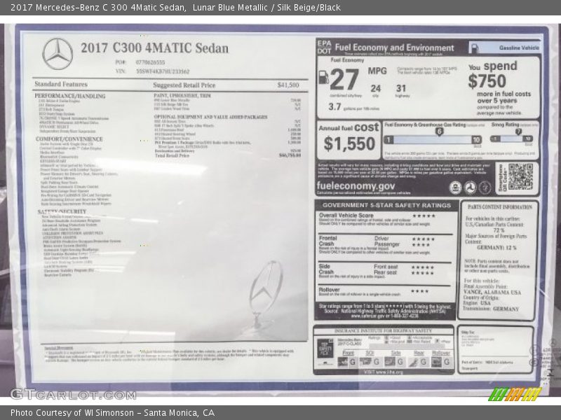  2017 C 300 4Matic Sedan Window Sticker