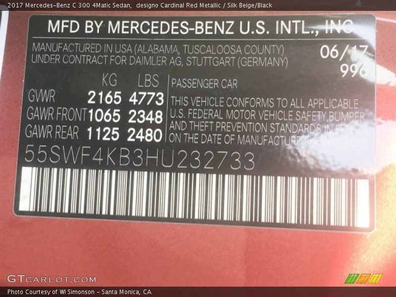 2017 C 300 4Matic Sedan designo Cardinal Red Metallic Color Code 996