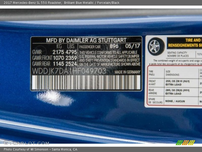 2017 SL 550 Roadster Brilliant Blue Metallic Color Code 896